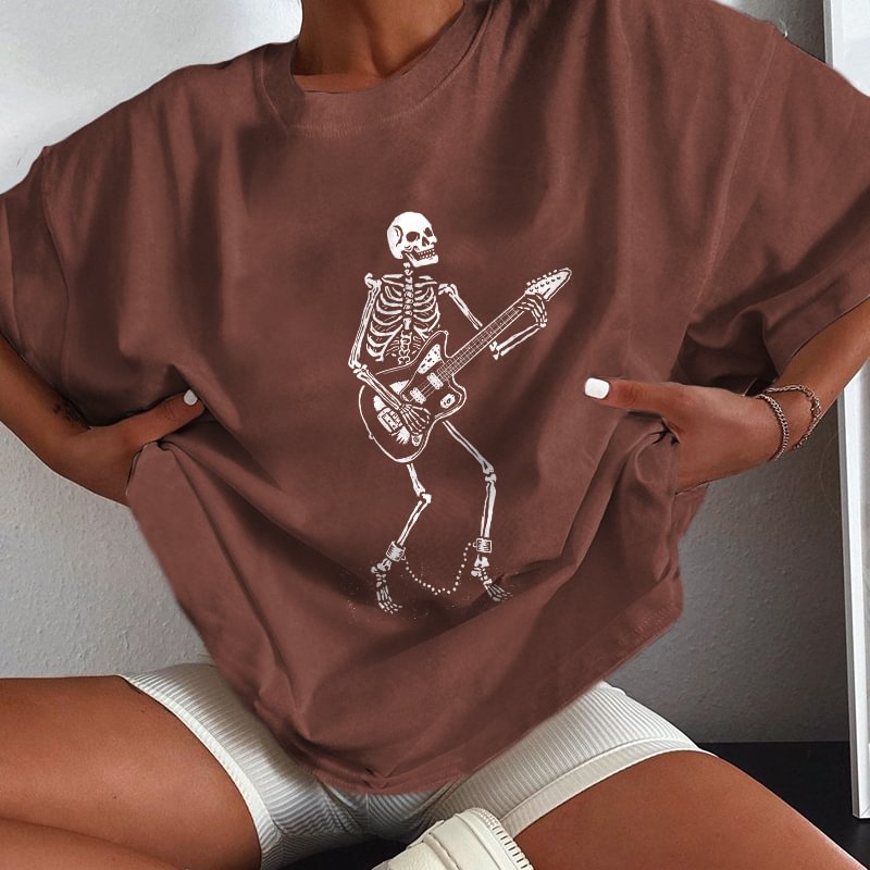 Minnieskull Skull Playing Guitar Print Loose T-shirt - Minnieskull