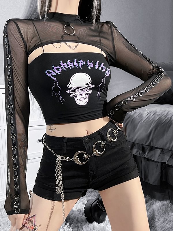 Gothic Skull Printed Sleeveless Slim Crop Top