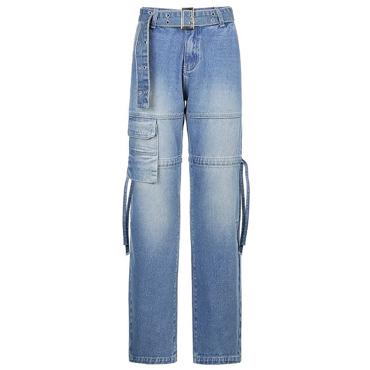 Bleached Belted Drawstring Straight Cargo Jeans - CODLINS - Codlins