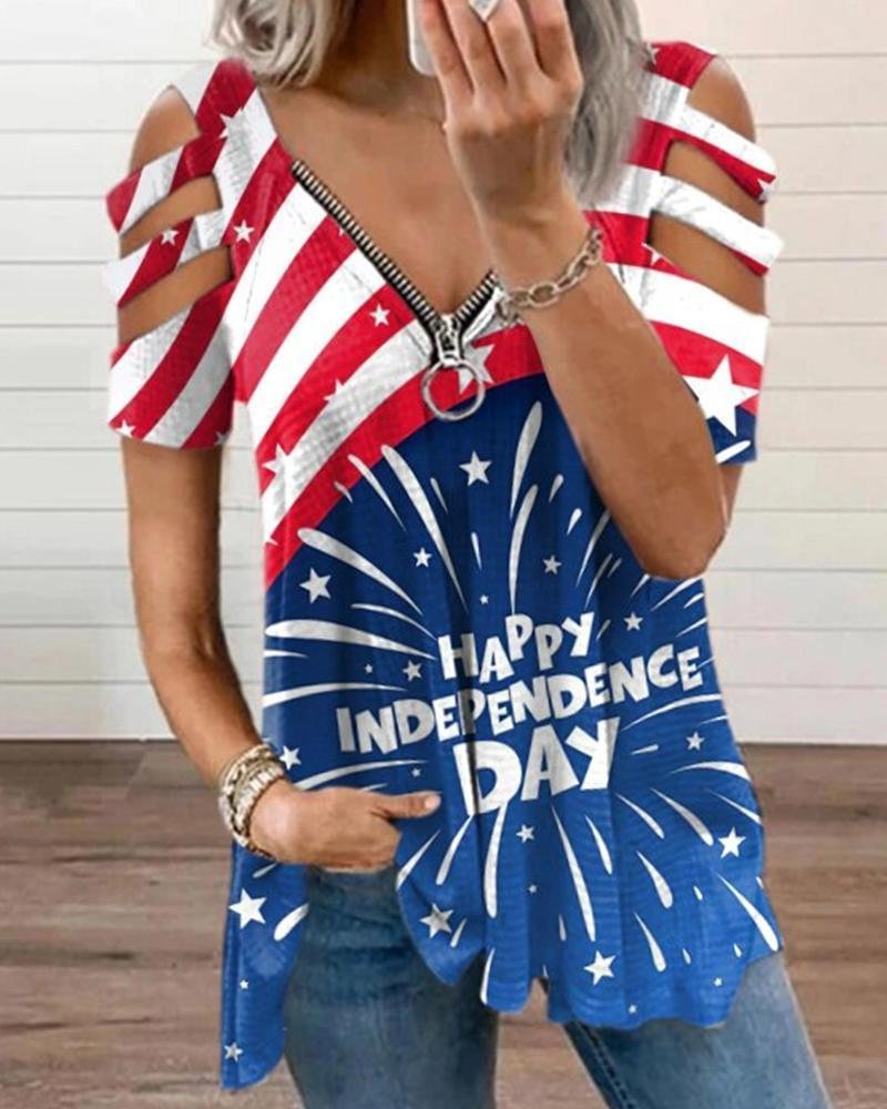 Independence Day Striped Splicing Zipper Short Sleeve T-shirt P12384