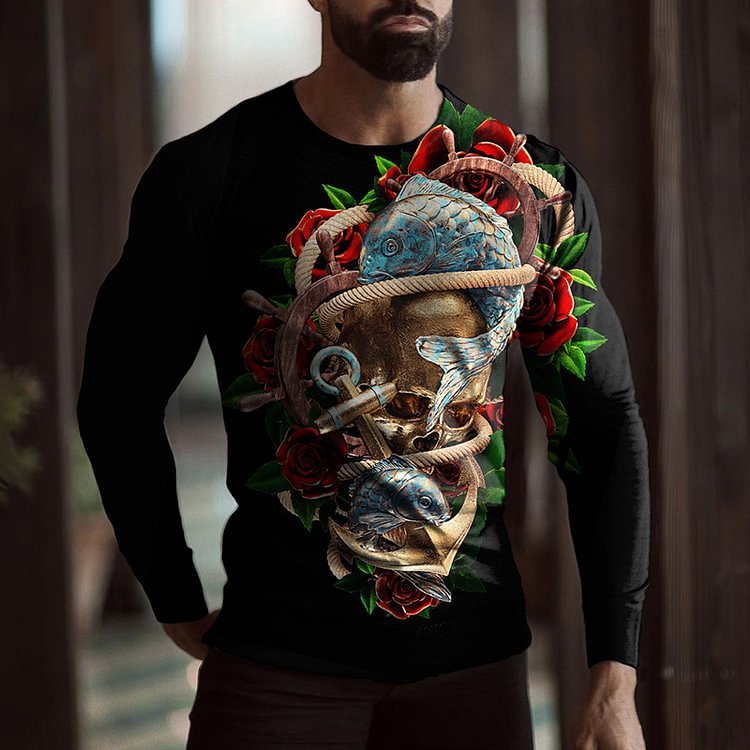 BrosWear Fashion Ocean And Skeleton Long Sleeve T-Shirt