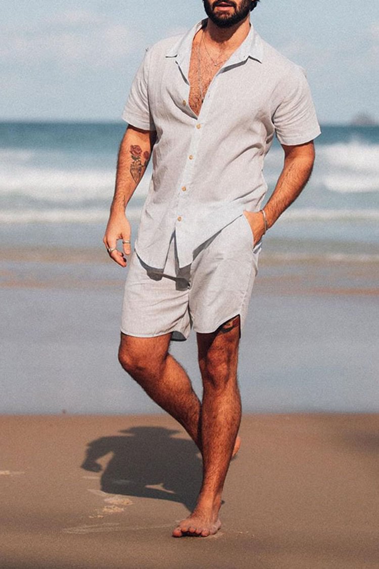 Tiboyz Outfits Beach Vacation Simple Linen Short Sleeve Shirt Set