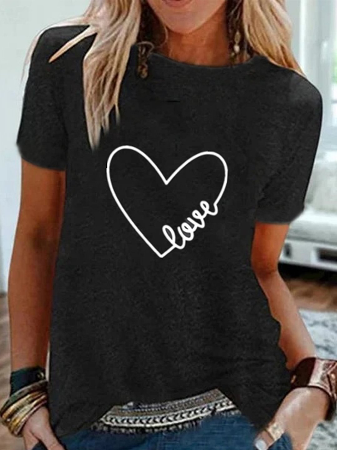 Vintage Short Sleeve Statement Love Letter Printed Crew Neck Plus Size Casual Tops-Corachic