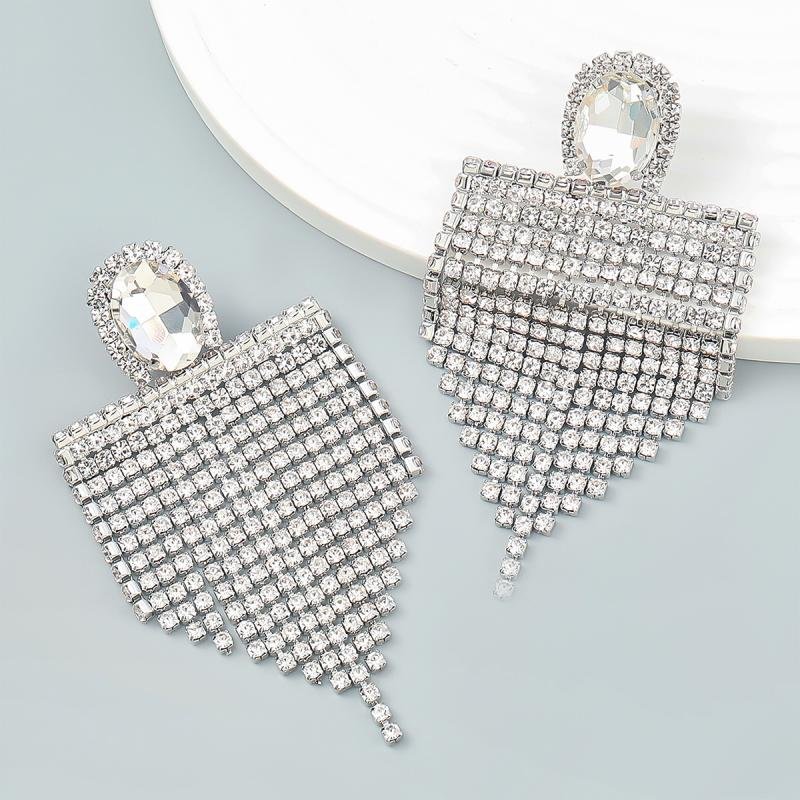 Shiny Rhinestone Tassel Dangle Earrings Women's Evening Dress Jewelry-VESSFUL
