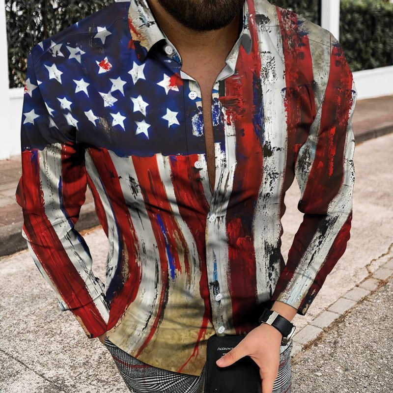 Stars and Stripes Pattern Men's Casual Long Sleeve Shirts-VESSFUL