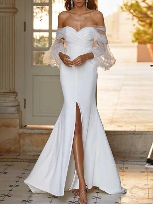 Dreamy open shoulder plain slit wedding dress