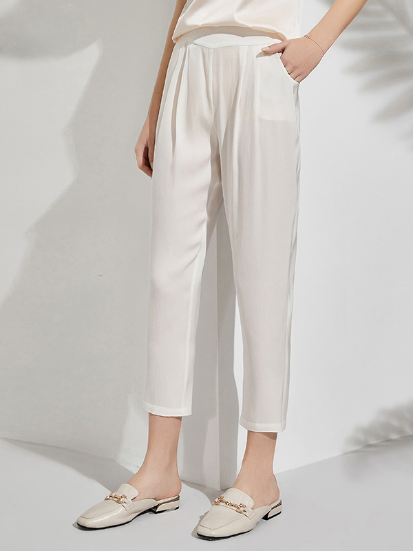 Pantalon en soie de couleur blanc légèreté-Soieplus