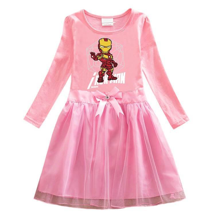 Iron Man Print Girls Long Sleeve Bow Waist Cotton Tulle Dress-Mayoulove
