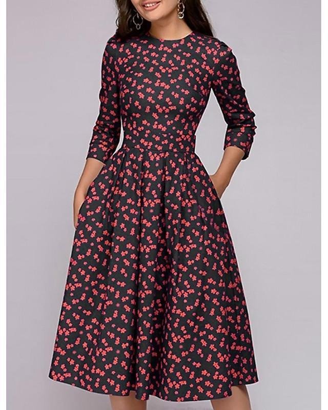 Women's A-Line Dress Midi Dress 3/4 Length Sleeve Floral Print Spring Hot Red S M L XL XXL-Corachic