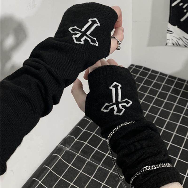 Gothic Harajuku Punk Style Black Cross Half Finger Long Glove / Techwear Club / Techwear
