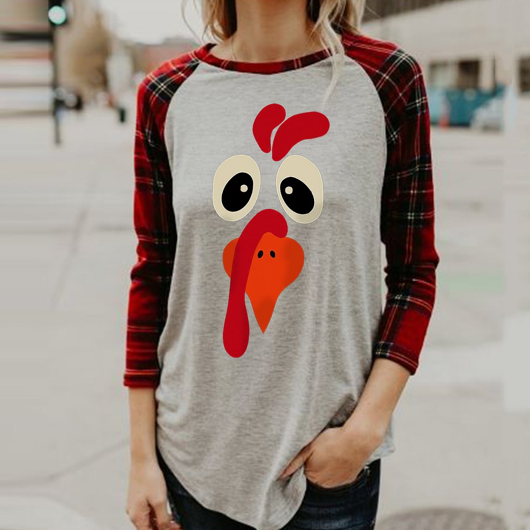 Plaid Design Sleeve Turkey Face Print Christmas T-shirt