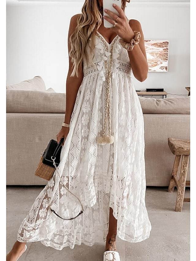 Women's Swing Dress Maxi Long Dress White Beige Sleeveless Solid Color Embroidered Lace Spring Summer V Neck Casual Boho Beach Lace 2021 S M L XL XXL-Corachic