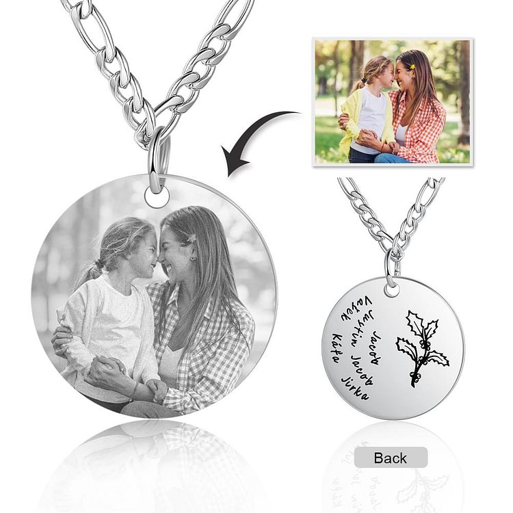 Persoanlized Birth Flower Necklaces Bracelets Custom Picture Engraved With Up to 6 Names, Custom Necklace with Picture and Name
