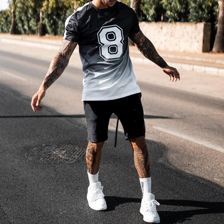 BrosWear Black And White Gradient T-Shirt And Shorts Two Piece Set