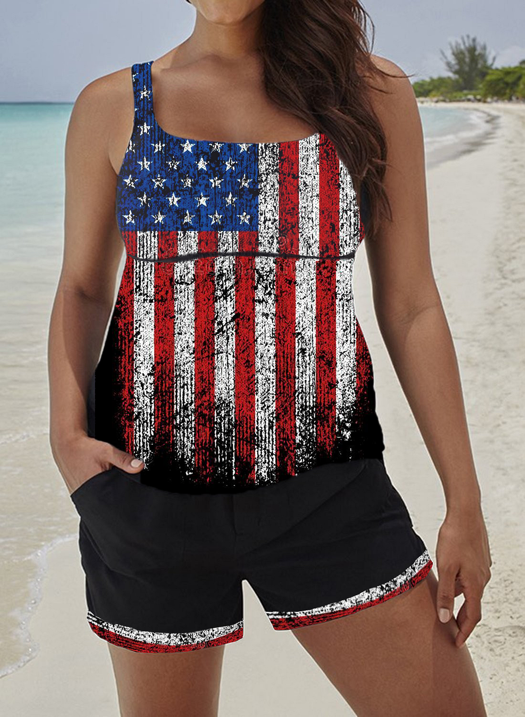 Women's Plus Size American Flag Tankini with Short U Neck High Waist ...