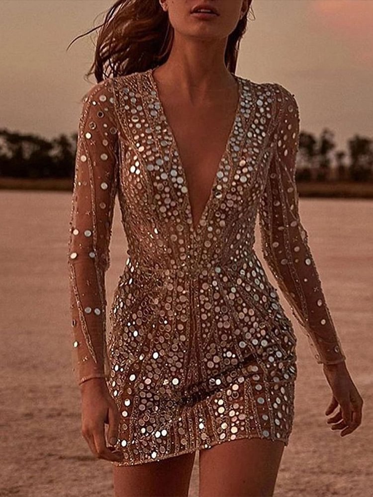 deep v neck sequin bodycon dress