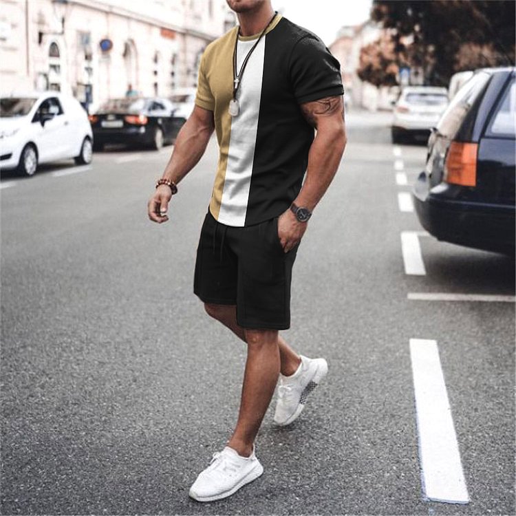 BrosWear Three-Color Stitching T-Shirt And Shorts Two-Piece Set