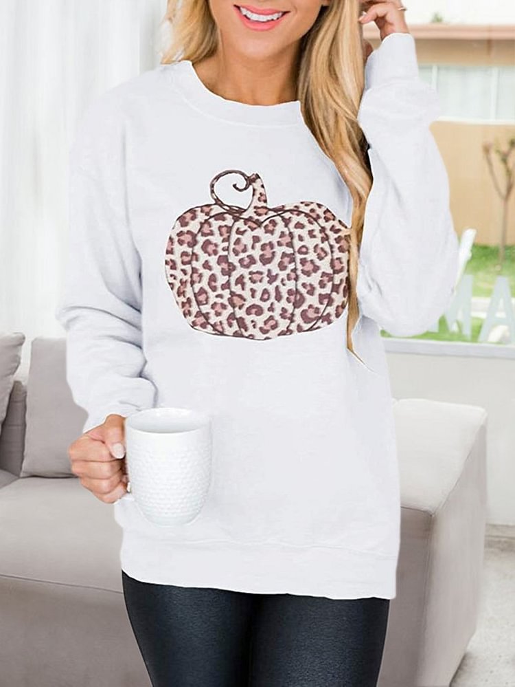 Halloween Leopard Pumpkin Print Long Sleeve Round Neck Ladies Sweatshirt-Mayoulove