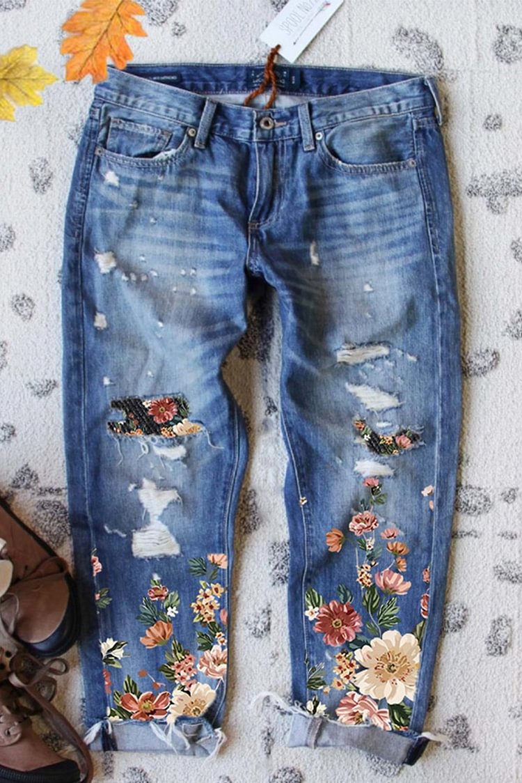 Women's Jeans Floral Print Ripped Mid Waist Straight Jeans-Mayoulove