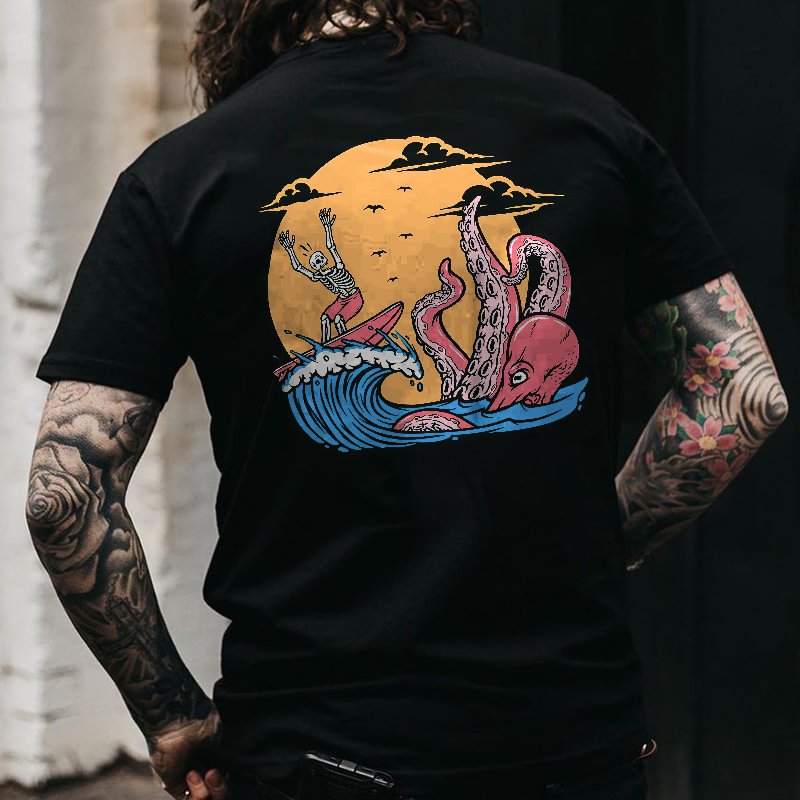 Cloeinc  Funny Skull's Surfing Octopus Printed Men's T-shirt - Cloeinc