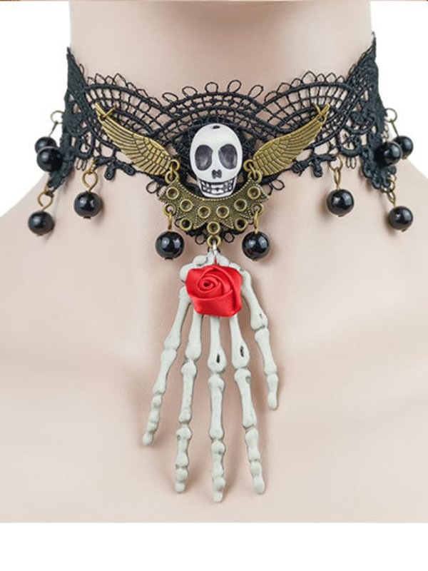 Gothic Dark Skull Lace Choker with Ghost Claw and Crystal Pendants