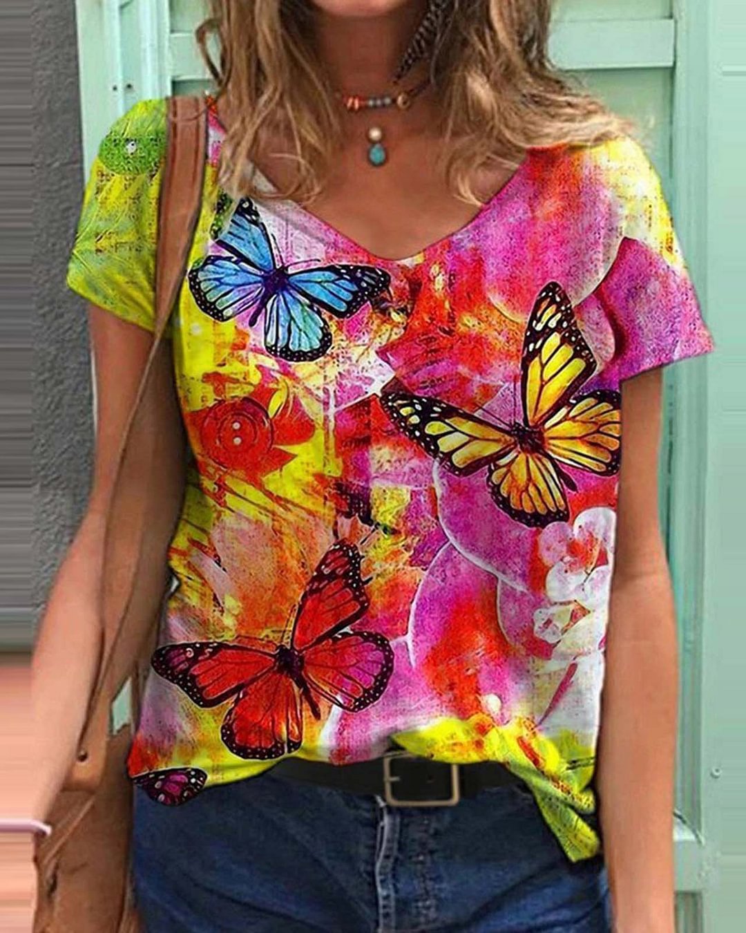 V-neck colorful butterfly print short sleeves