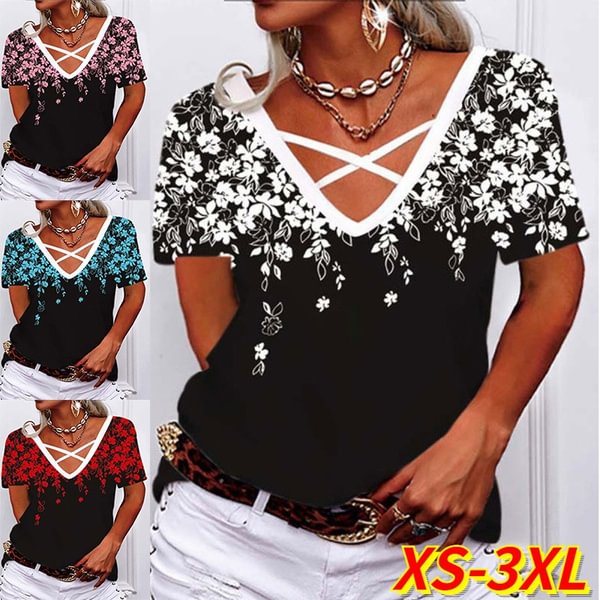 Women's Clothes Summer Short Sleeved V-neck Floral T-shirts Short Sleeved Blouses Women Casual Tops Loose Fit Shirts for Women