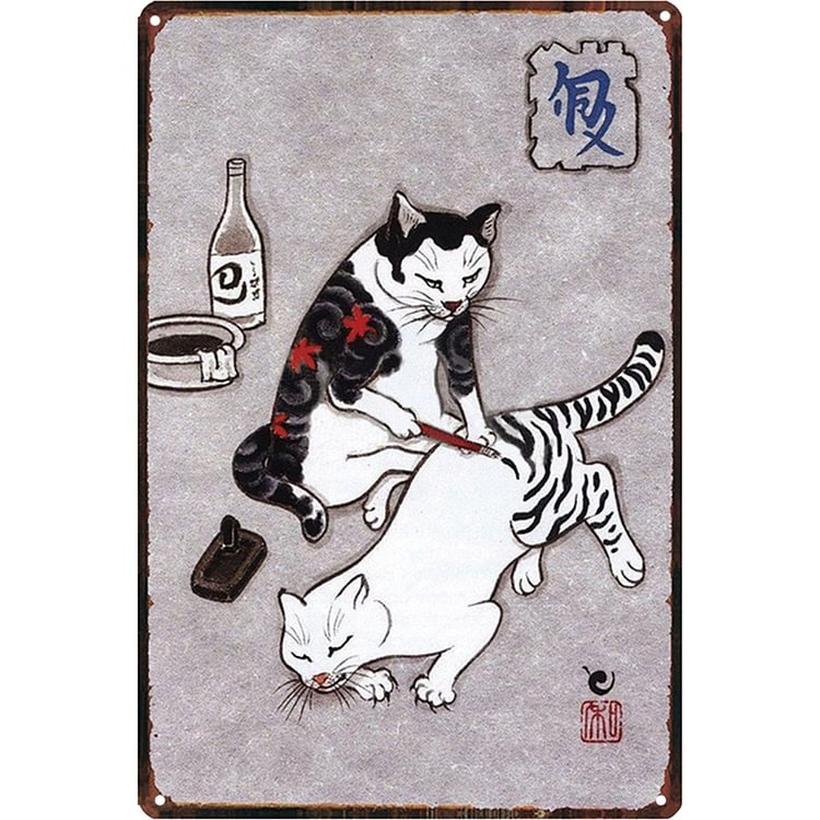 Tattoo Cat  Japanese Samurai - Vintage Tin Signs/Wooden Signs - 20x30cm & 30x40cm