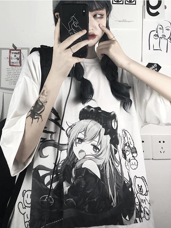 Harajuku Style Printed Crew Collar T-shirt