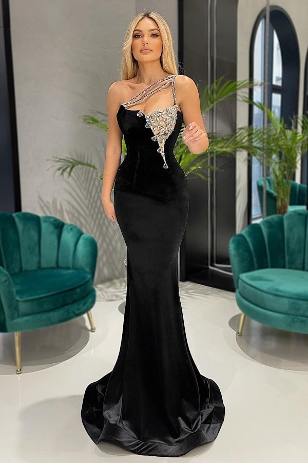 Luluslly One Shoulder Black Mermaid Prom Dress Long With Crytsal