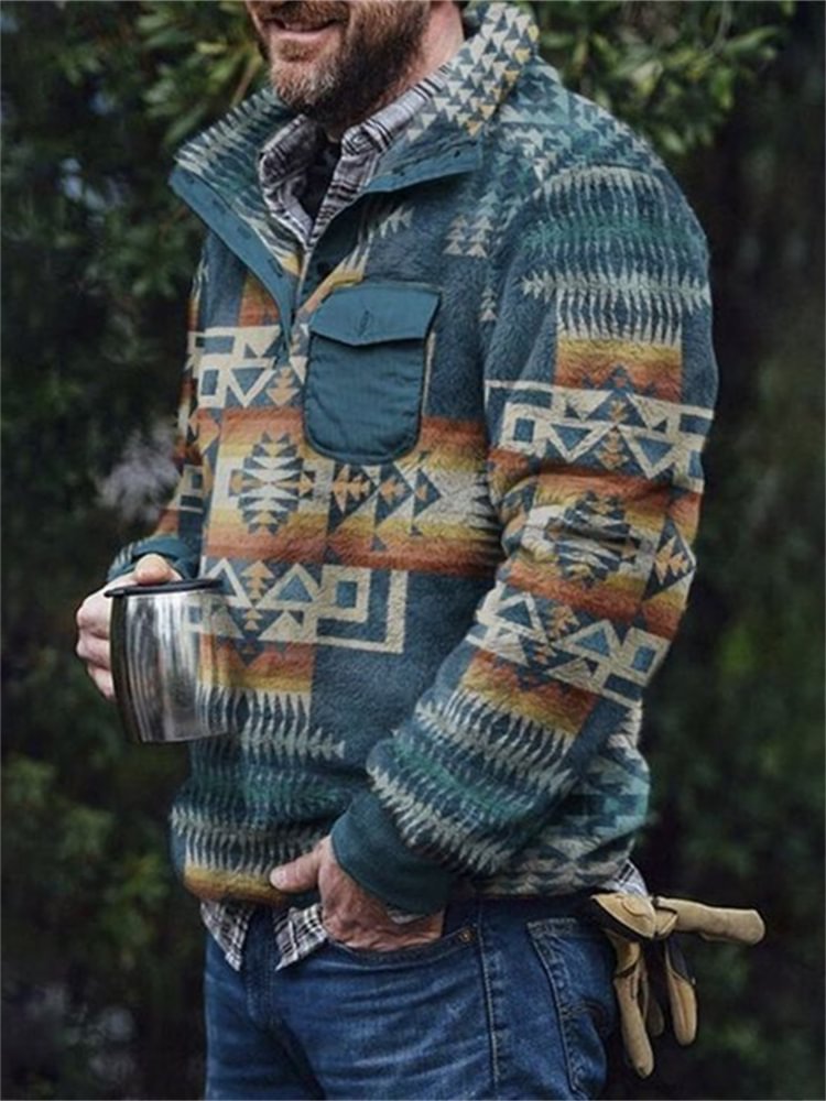 BrosWear Men's Vintage Western Aztec Pattern Fleece Pullover