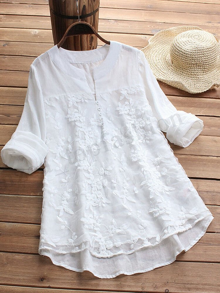 Women Embroidery Lace Solid Top Blouse
