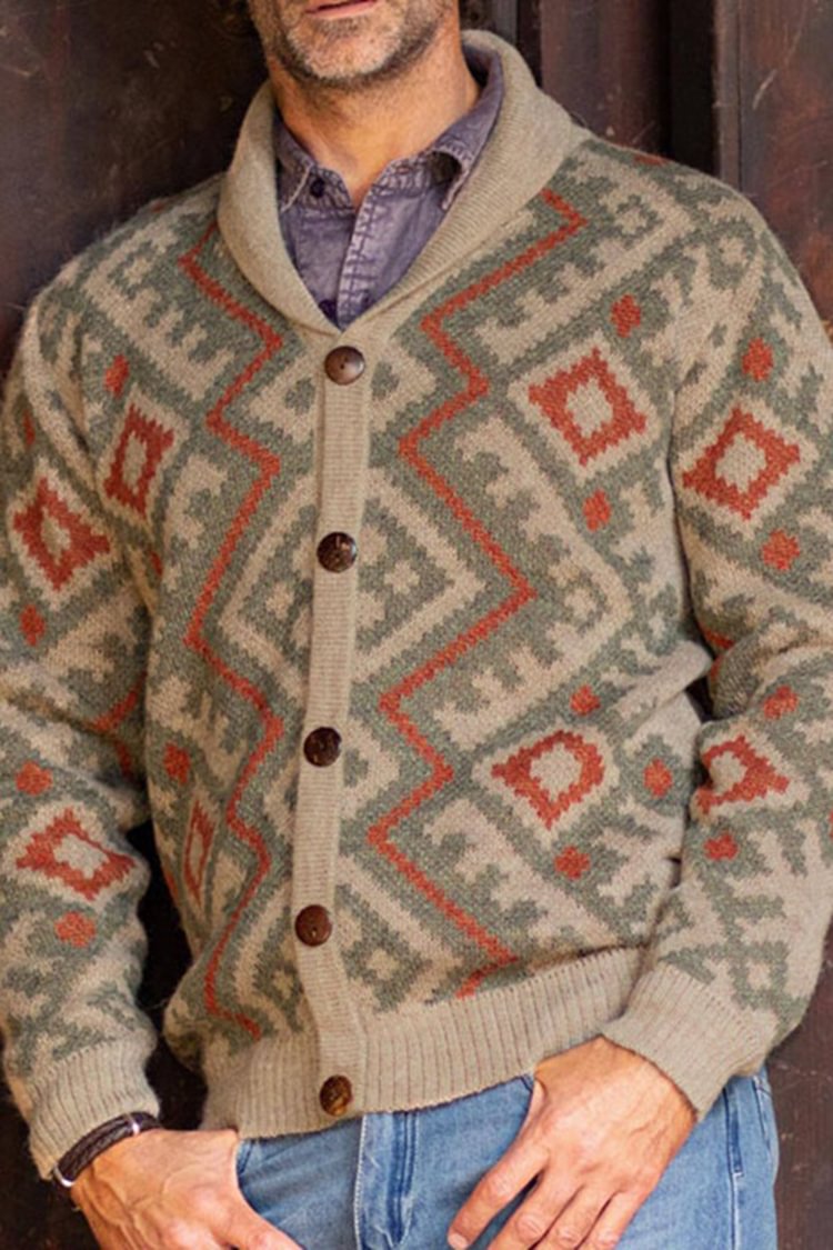 Tiboyz Vintage Lapel Khaki Geometric Cardigan