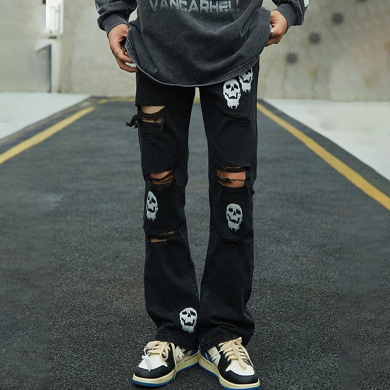 Hole Ripped Skull Print Straight Jeans / Techwear Club / Techwear