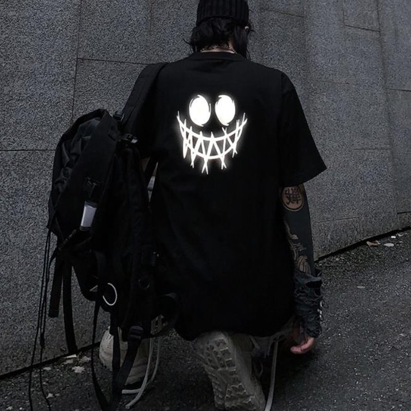 Reflective Joker Laugh Street Casual Loose Black Print Round Neck Short Sleeve T-shirt / Techwear Club / Techwear
