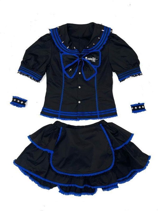 Dark Sailor 2-piece Sets: Buttoned Rivets Bowknot Short Sleeve Top + Asymmetrical High Rise Layered Skirt