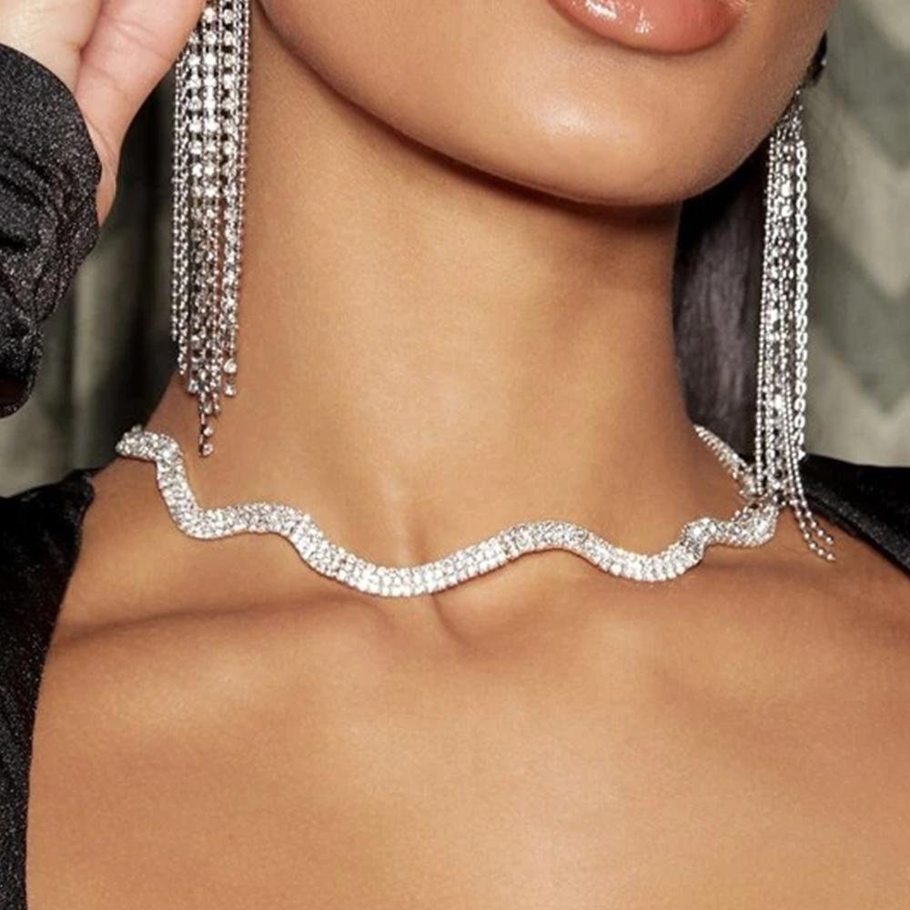 Irregular Wavy Rhinestone Necklace Luxury Chain Choker-VESSFUL