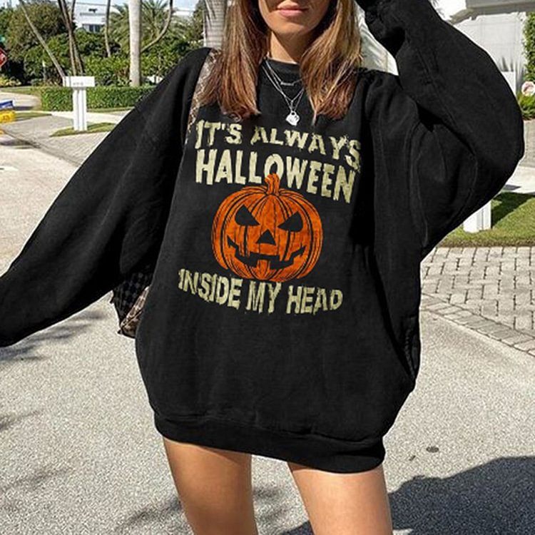 BrosWear Women's  Halloween Pumpkin Print Long Sleeve Casual Sweatshirt