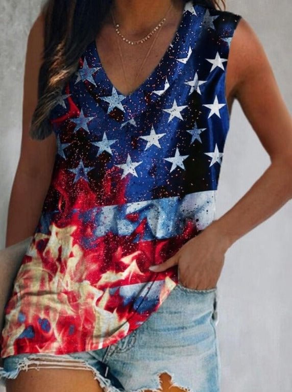 American Flag Flame Print V-Neck Vest