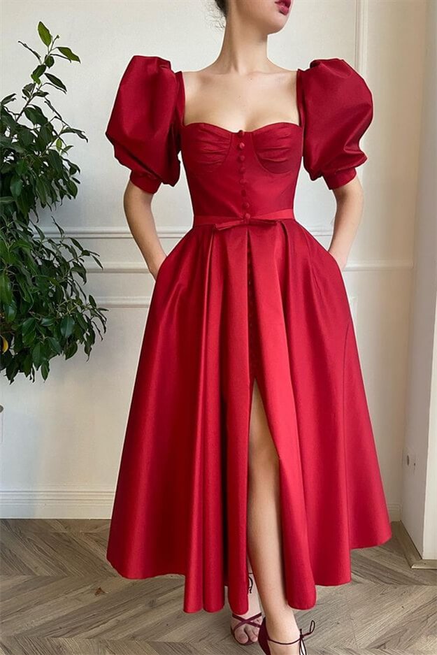 Luluslly Burgundy Bubble Sleeves Prom Dress Front Split With Buttons