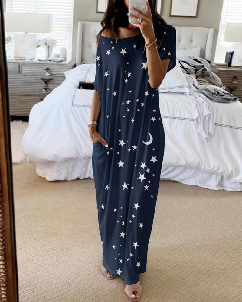 Short Sleeve Stars Print Casual Dress P14782