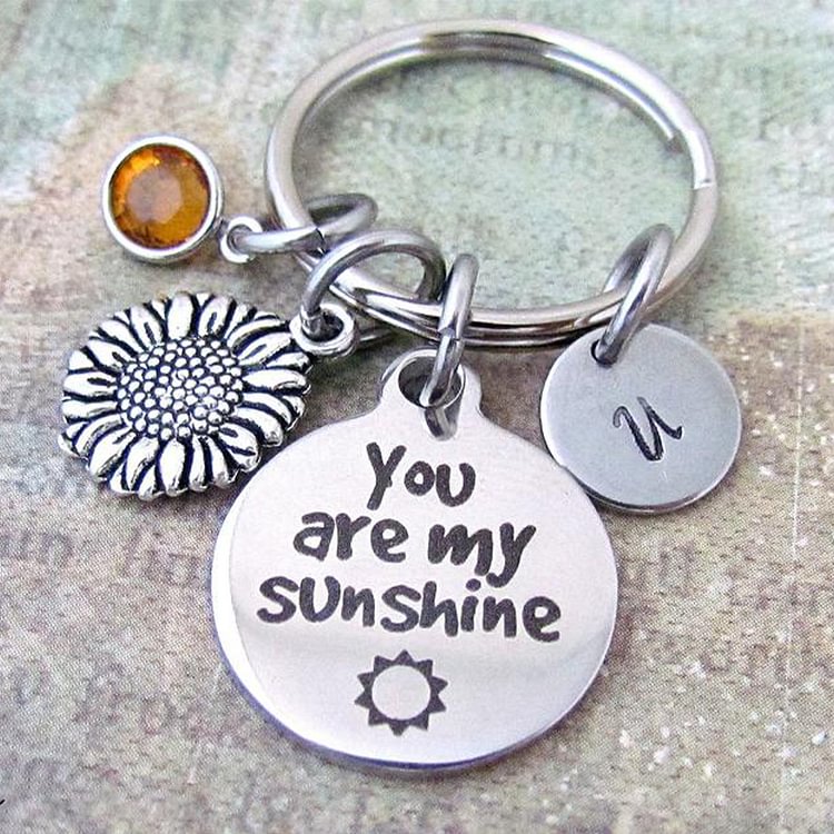 You Are My Sunshine Sunflower Charm Custom Birthstone Letter Initial Keychain