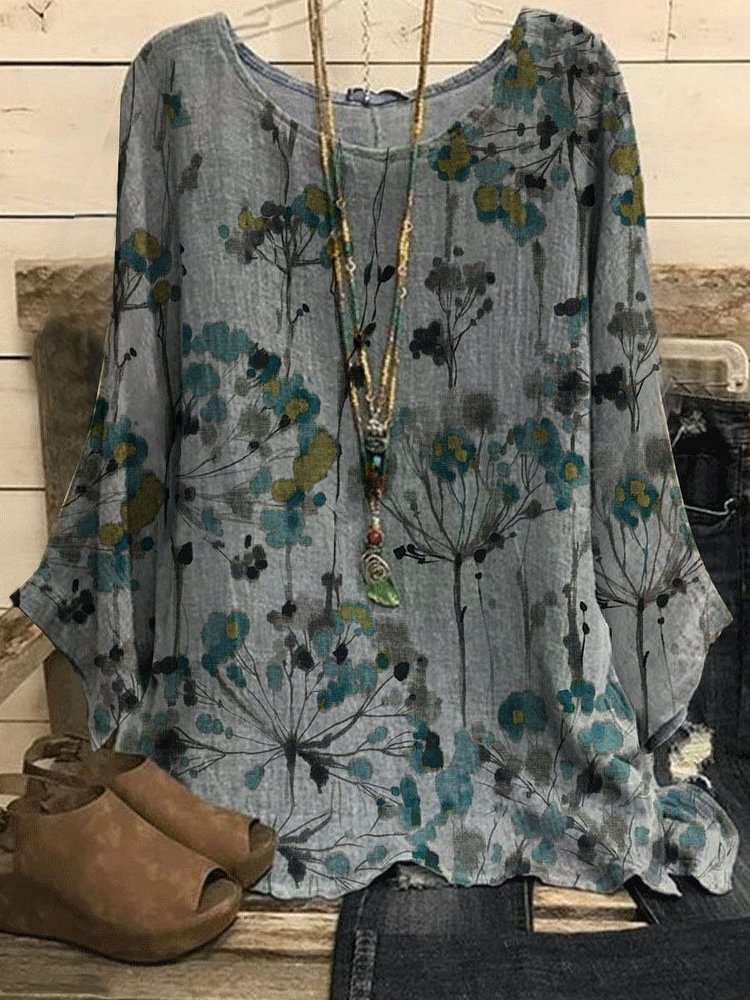 Round Neck Dandelion Print Casual Loose Long-sleeved Blouse-Mayoulove