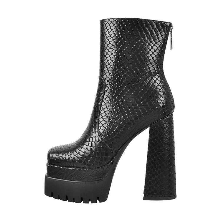 Fashion Cobra Pattern Back Zipper Solid Color Platform High Chunky Heel Boots
