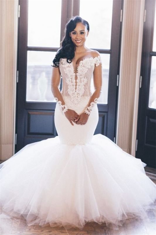 Luluslly Long Sleeves Tulle Mermaid Wedding Dress With Appliques