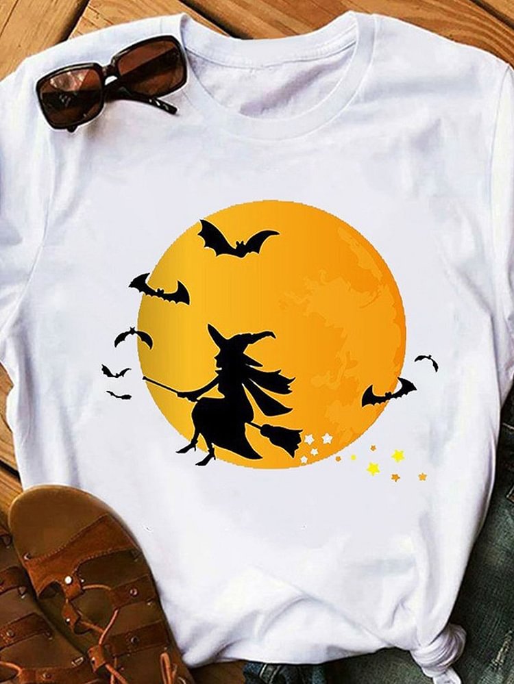 Women's Halloween Witch Pumpkin Letter Print Short Sleeve T-shirt-Mayoulove