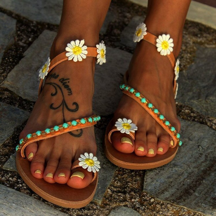 Women's sweet flowers flat bottom casual comfortable beach sandals - vzzhome