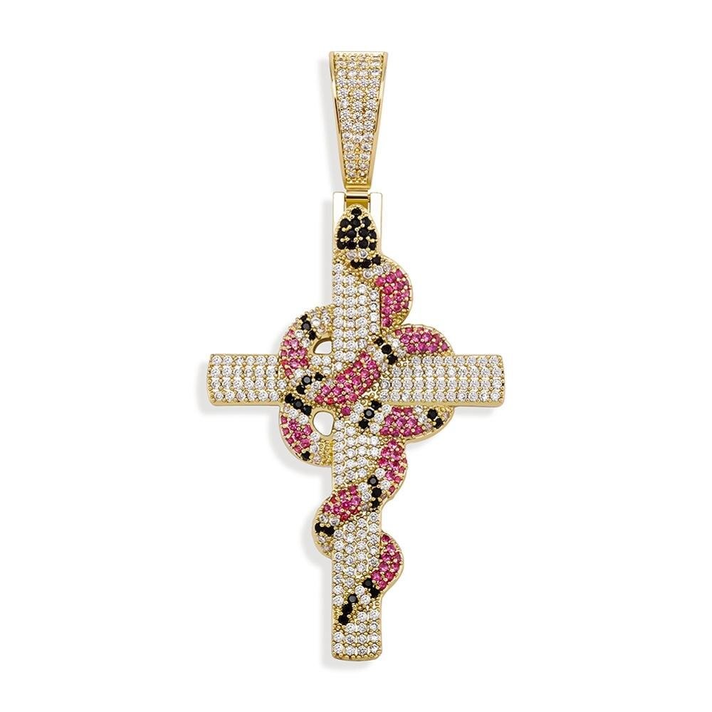 Iced Out Snake Winding Cross Pendant Necklace Hip Hop Jewelry-VESSFUL