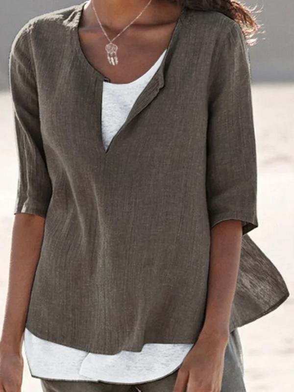Ladies mid-sleeve cotton and linen shirt top-Mayoulove
