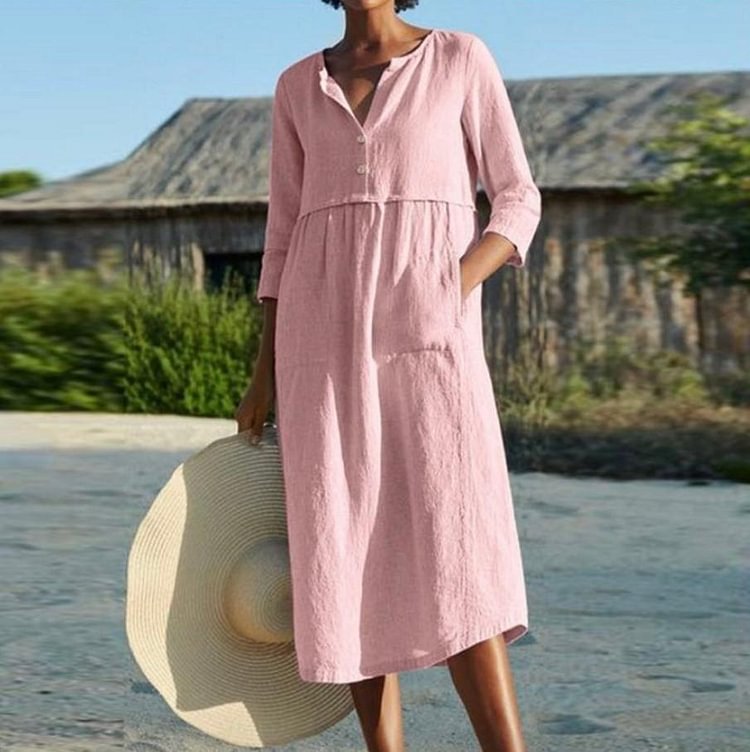 single-breasted cotton and linen summer casual dress